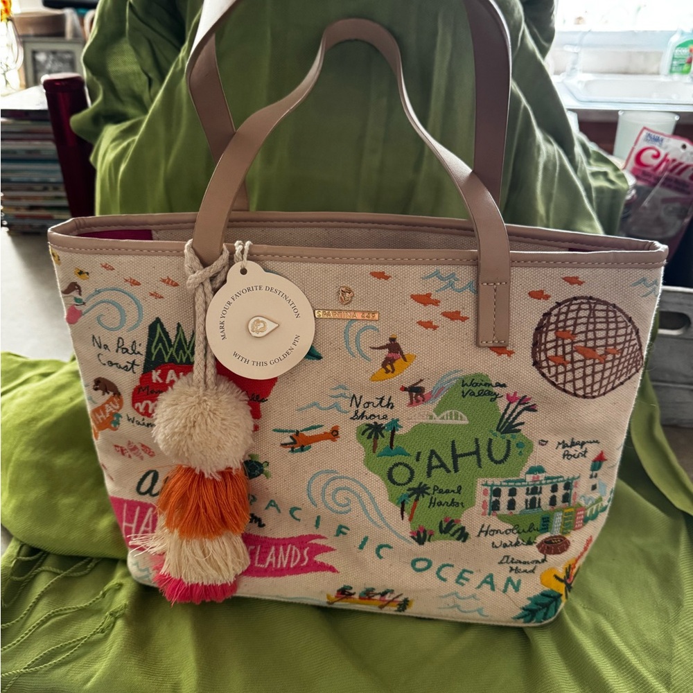 ALOHA Collection Cream and Tan Tote Bag with Decorative Embellishments